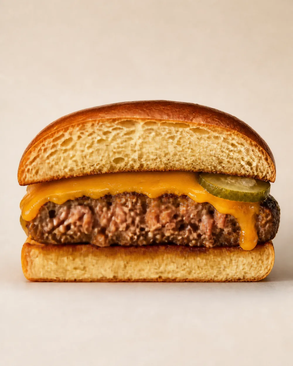 Halbierter Cheeseburger von der Schnittseite: geschmolzener Cheddar läuft über die Kante des Pattys, das Patty hat eine dunkle Kruste, der Bun-Boden ist innen geröstet, am Rand liegt eine Scheibe Essiggurke, der Stapel ist niedrig.