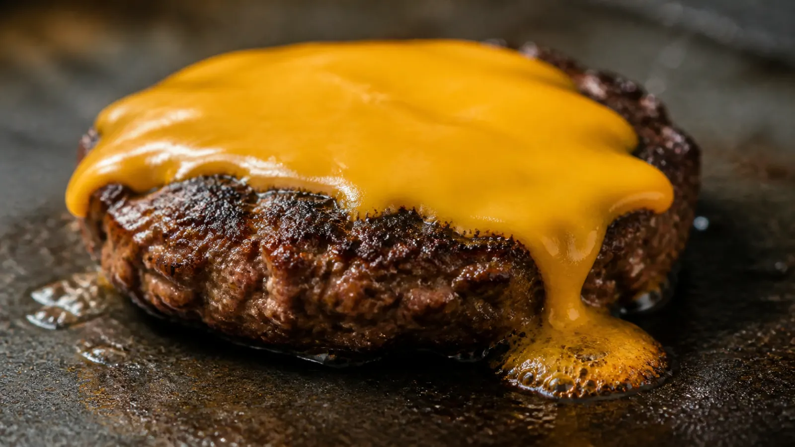 Eine Scheibe Cheddar schmilzt auf einem Patty auf der heissen Platte; an der rechten Kante läuft Käse über das Fleisch hinunter und wird auf der Platte knusprig.